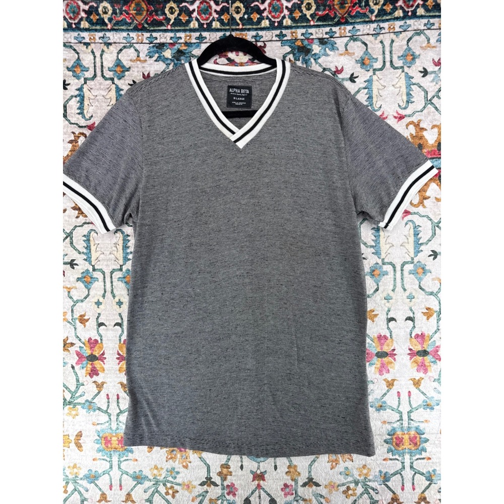 Alpha Beta Mens Grey Striped V-Neck Short‎ Sleeve T-Shirt XL M-5401-B-44